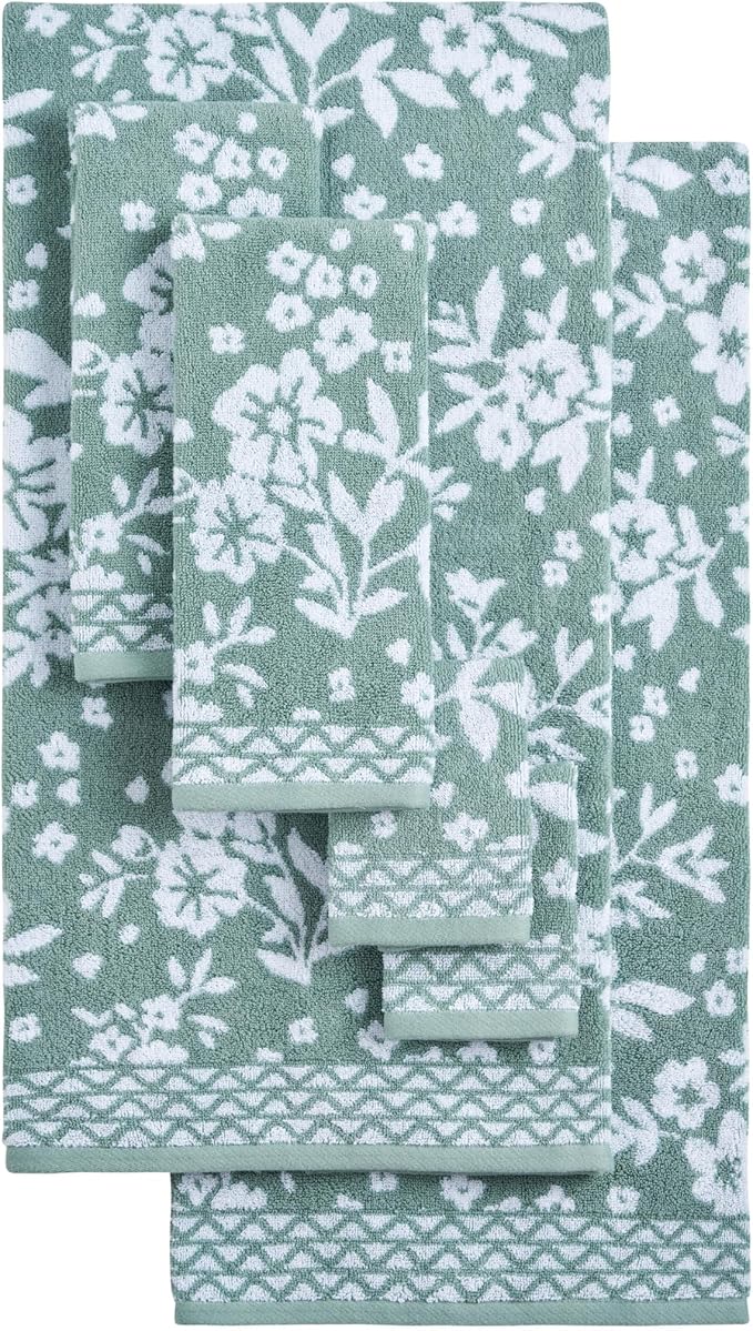 Lucky Brand Folk Floral 6 Piece Bath Towel Set - (2) Bath Towels, (2) Hand Towels, and (2) Washcloths - Iceberg Green Premium Bathroom Towel Set