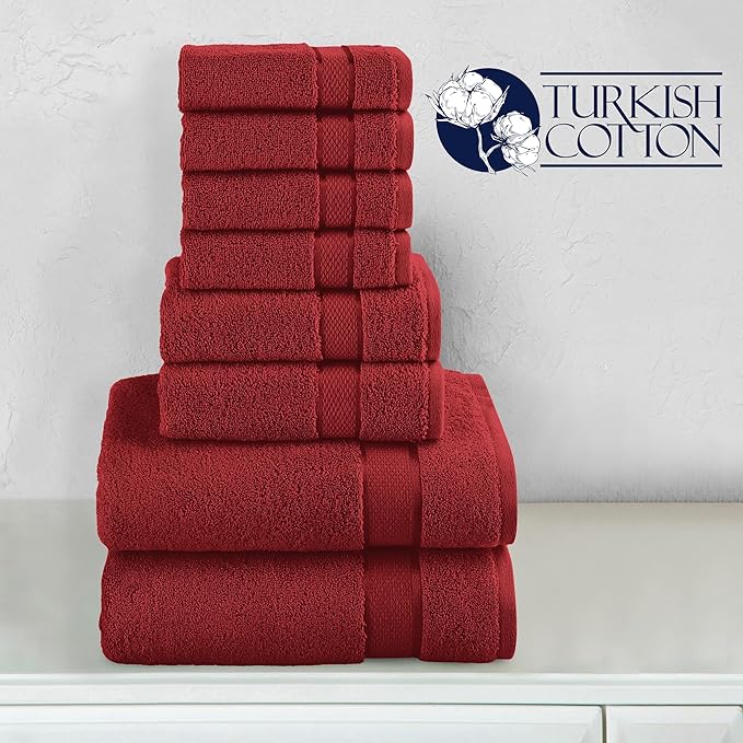 Elegant Comfort Premium Cotton 8-Piece Towel Set, Includes 4 Washcloths, 2 Hand Towels and 2 Bath Towels, 100% Turkish Cotton - Highly Absorbent and Super Soft Towels for Bathroom, Burgundy
