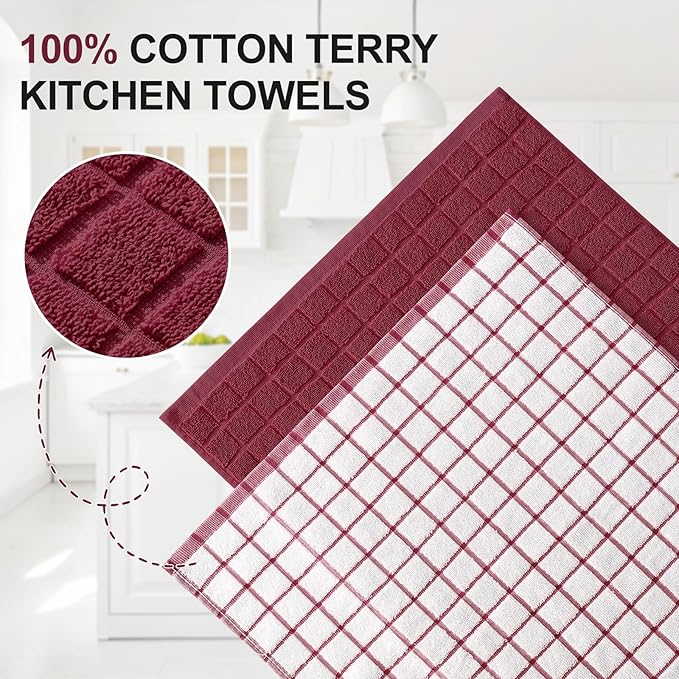 Homaxy Premium Cotton Kitchen Towels 16"x 28", Large Natural Ring Spun 390 GSM Dish Towels, Super Absorbent Terry Kitchen Hand Towels, Soft Tea Towels with Hanging Loop, Red Check Design,6 Pack