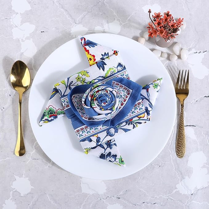 FINGERCRAFT Cloth Napkins, Set of 4 Cotton Linen Blend Printed Dinner Napkins Cloth Mitered Corner Perfect for Parties Dinners Weddings Cocktail Christmas Easter 20x20 Blue Floral