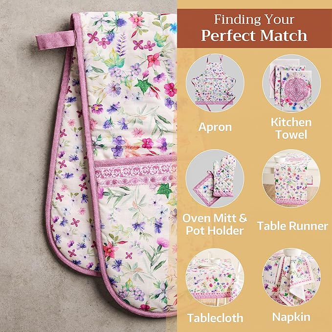 Maison d' Hermine Double Oven Mitts 100% Cotton 7"x35" Double Oven Mitt Heat Resistant BBQ Cooking Gloves with Loop Baking Grilling Gifts for Mothers Day Spring Summer (Chardon)