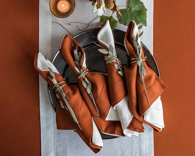 Solino Home Linen Napkins Set of 4 - Classic Hemstitch 100% Pure Linen Cinnamon Dinner Napkins Cloth 20 x 20 Inch for Mothers Day - Handcrafted and Machine Washable