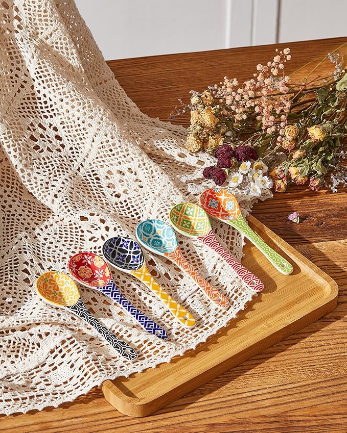 Metahom Ceramic Small Serving Spoons, Colorful Soup Spoon Set for Cereal, Yogurt, Dips, Ice Cream, Ramen, Dishwasher & Microwave Safe, Cute Decorative Spoon Set of 6