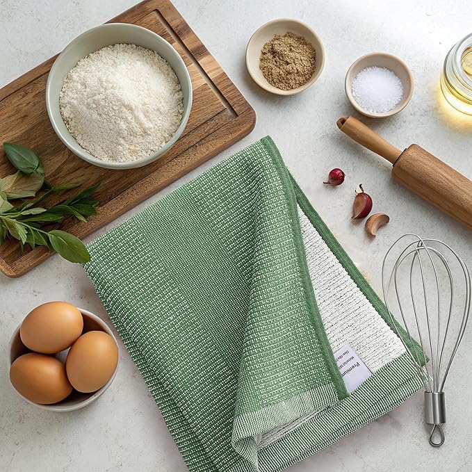 Mordimy Premium Kitchen Towels 8 Pack (18 x 28 Inches, Grass Green), Large Cotton Kitchen Hand Towel, Flat & Terry Dish Towels for Drying Dishes, Super Absorbent Tea Dishtowels Set with Hanging Loop