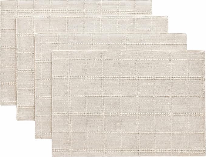 ZeeMart Linen Checked Placemats Set of 4, Plaid Embroidery Textured Table Mats, Double Layer Thick Farmhouse Rustic Place Mats for Kitchen Dining Table Home Decor, Ivory 13x19 Inch
