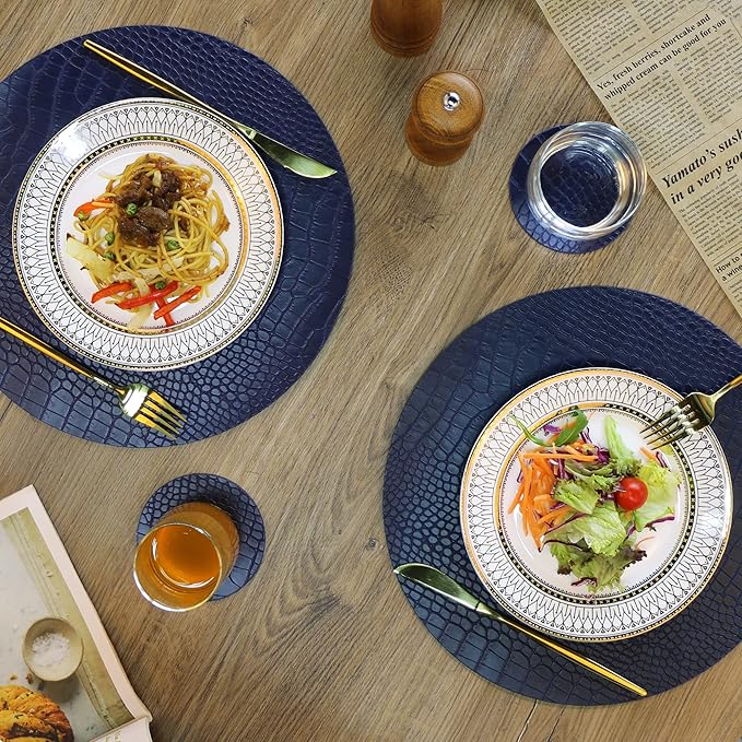 Round Leather Placemats for Round Tables Set of 8, Blue Table Place Mats and Coasters, Washable Easy to Care for Indoor Decor 13" Diameter