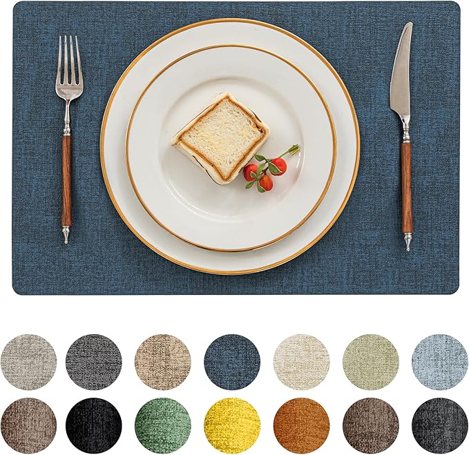 Romanstile Vinyl Placemats Set of 4-12 X 17 Inch - Faux Leather 100% Waterproof Oil-Proof Wipeable Place Mats, Heat Resistant Reversible PU Table Mats for Kitchen Dining Party Outdoor, Navy Blue