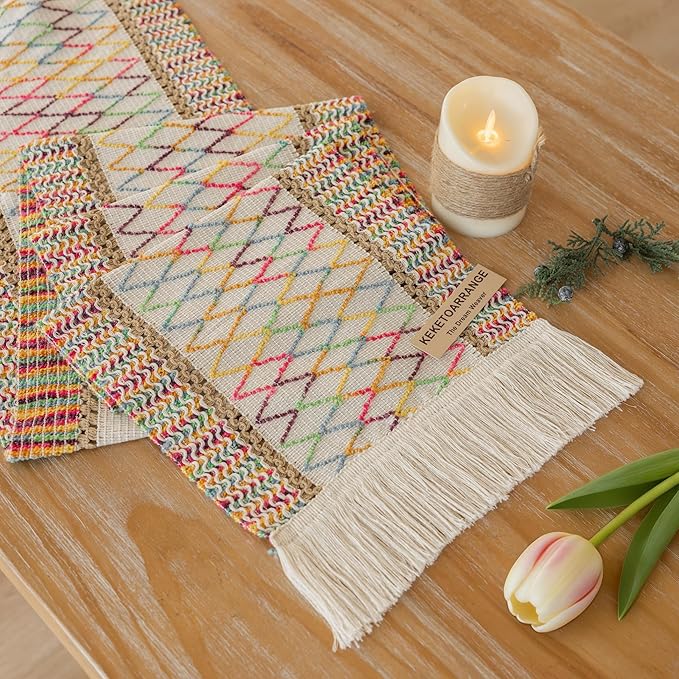 Keketoarrange Boho Spring Table Runner Colorful for Home Decorations 12x90 Inches Farmhouse Macrame Woven Burlap Rustic Coffee Table Runner Dresser Scarf Dining Kitchen Centerpiece Bohemian Decor