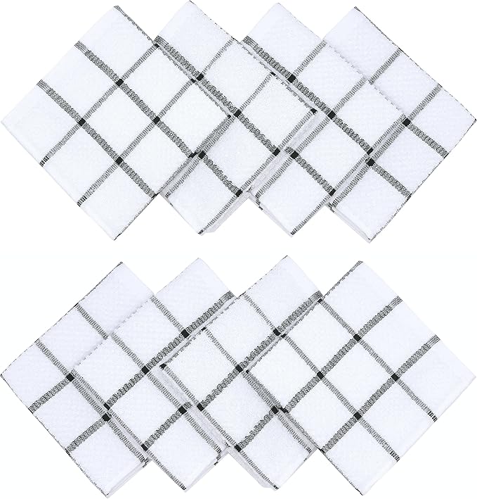 Cotton Terry Kitchen Dish Cloths, Soft Absorbent Tidy Kitchen Dish Towels (Black Plaid, 12 Inch x 12 Inch)