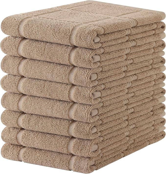 Homaxy Premium Kitchen Towels 18"x28", 8 Pack Large Cotton 380 GSM Dish Towels, Soft and Absorbent Kitchen Hand Towels with Terry Grid Design, Utility Tea Towel Set with Hanging Loop, Khaki