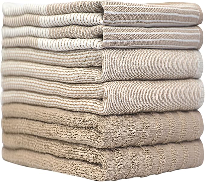 Premium Kitchen Towels (20”x 28”, 6 Pack) | Large Cotton Dish Towels | Flat & Terry Highly Absorbent Kitchen Linen Set with Hanging Loop | Tan
