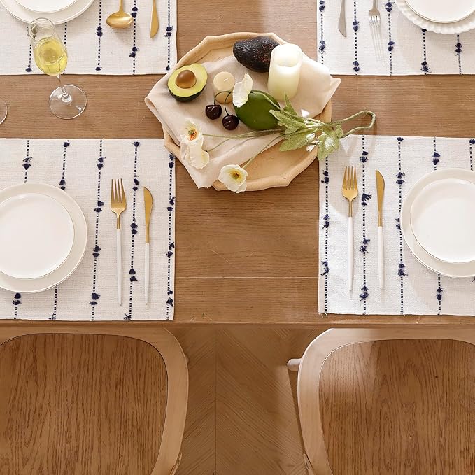 Boho Placemats 13 x 19 Inch Set of 4 for Dining Table Decor Woven Cloth Place Mats for Farmhouse Rustic Kitche Spring Home Decor Cotton Placemats Blue and Beige Table Mats