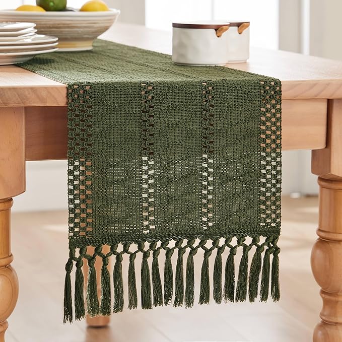 ZeeMart Macrame Style Boho Table Runner, Olive Green Table Runners 48 Inches Long, Farmhouse Woven Home Decor, 12x48 Inch, Olive