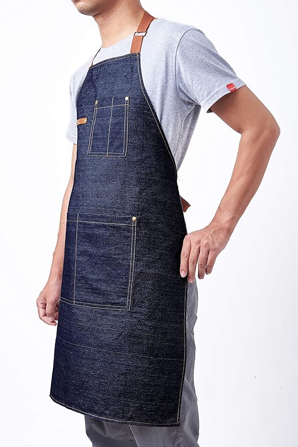 KPD Denim Apron With Pockets - Adjustable Blue for Kitchen, BBQ, and Garden - Work Apron for Men and Women