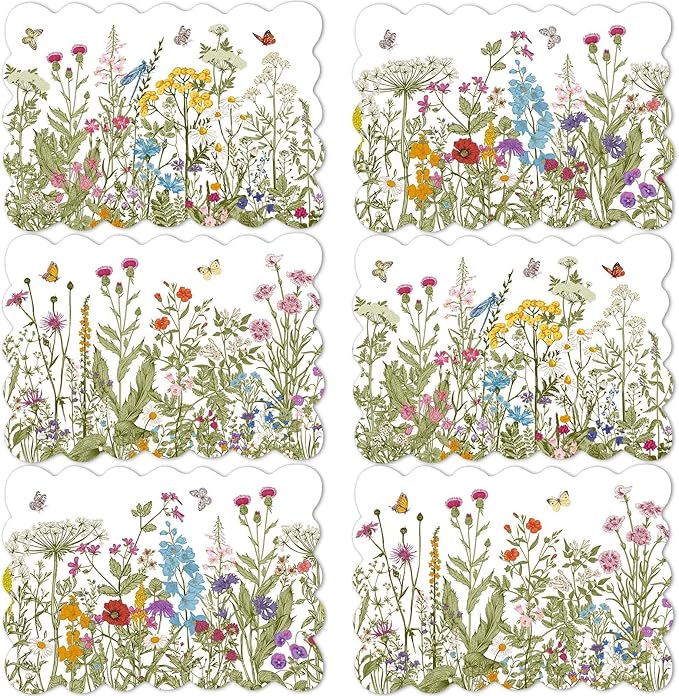 Spring Placemats Set of 6 Flower Plastic Table Mats Wild Flowers Place Mats Retro Flower Table Decoration for Indoor Outdoor Party Kitchen Dining Decoration