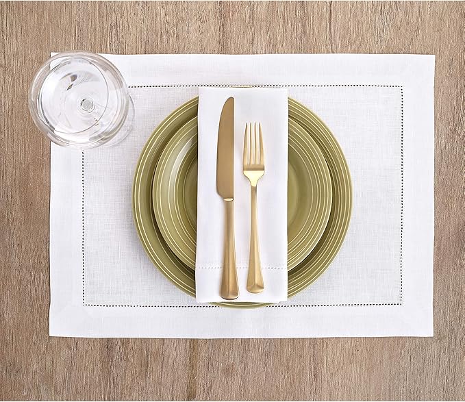 Solino Home Linen Cloth Placemats Set of 6-100% Pure Linen Hemstitch White Placemats 14 x 19 Inch - Classic Hemstitch Table Place Mats for Mothers Day, Spring, Summer, Memorial Day
