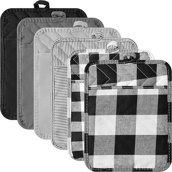 R HORSE 6Pcs Pot Holder with Pocket Black Check Pocket Pot Holder Set Cotton Plaid Kitchen Heat Resistant Potholder Non-Slip Potholder Oven Mitts Hot Pads Terry Cloth Pot Holders for Cooking Baking