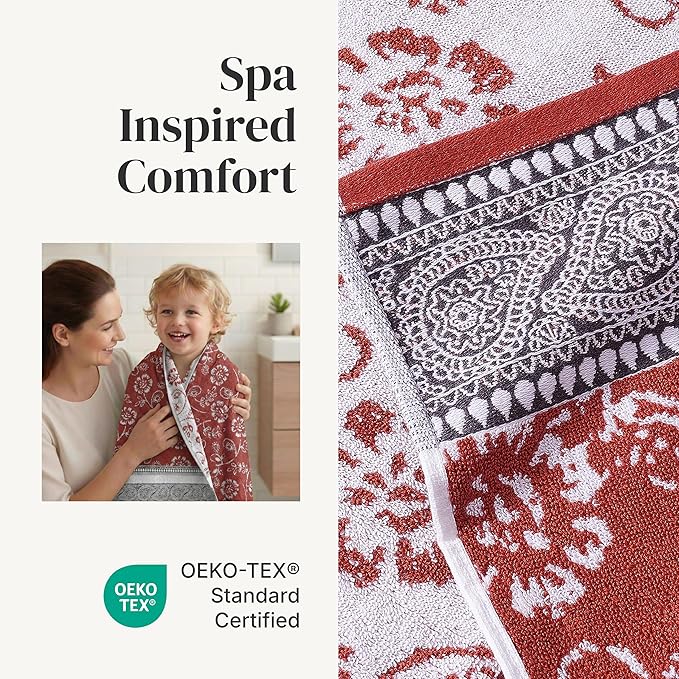 Modern Threads Floral Trail 6-Piece 100% Cotton Towel Set – Reversible Yarn Dyed Jacquard – Includes 2 Bath Towels, 2 Hand Towels, 2 Washcloths – Absorbent, Quick Dry, Soft & Durable – Rust Orange