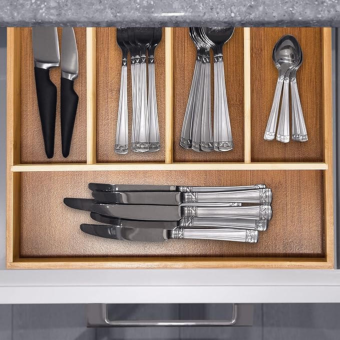 Relaxdays Bamboo Kitchen Drawer Insert Organiser 5 Separate Compartments, Wood, Brown
