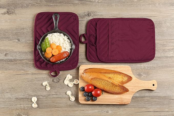 Oven Pot Holder with Pocket Cotton Heat Resistant Coaster Potholder Kitchen Hot Pad Oven Mitts for Cooking Square 7"x9"Set of 5 (Burgundy red, 5)