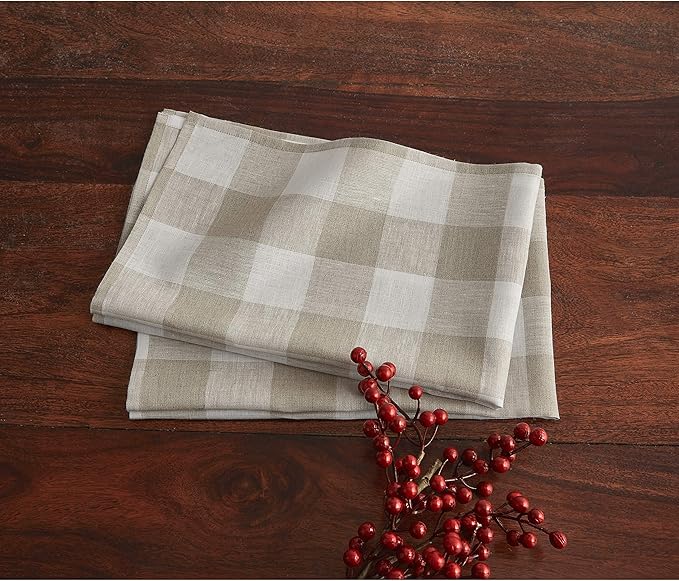 Solino Home Linen Kitchen Towels Set of 2 - Natural and White 16.5 x 26.5 Inch - 100% Pure Linen Buffalo Check Kitchen/Tea Towels - Handcrafted and Machine Washable