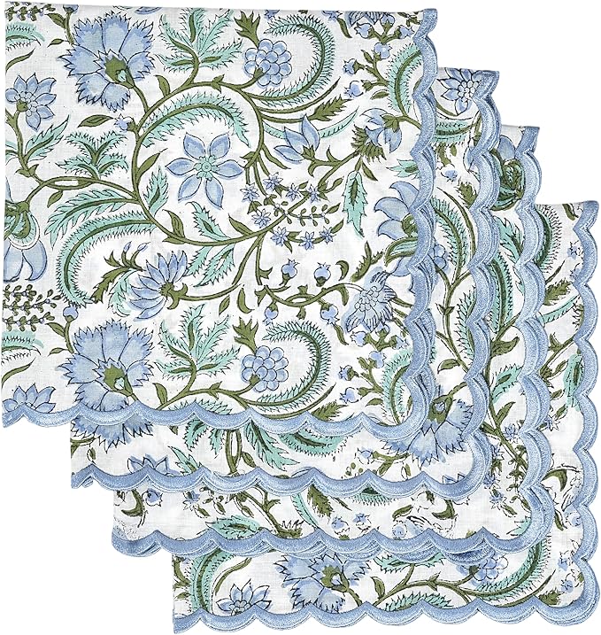 Ridhi Hand Block Print Columbia Blue 18" x 18" (Set of 4) Embroidery Table Napkins Reusable Cotton Dinner Napkins for Weddings, Parties, Everyday Dining Gift for Spring, Easter, Valentine