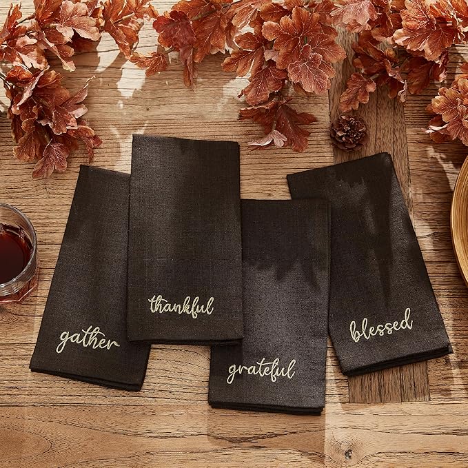 Elrene Home Fashions Harvest Fall Sentiment Embroidered Napkins, Set of 4, 17"x17", Brown