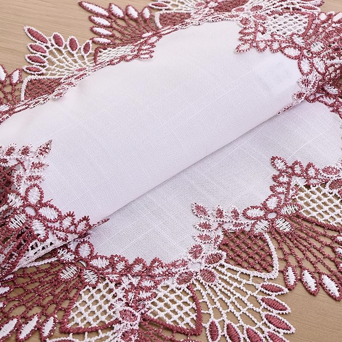 White Dark Red Linen Lace Placemats 14”x20” Set of 2 Coffee Table Topper Dresser Scarf Place Mats (Set of 2, Dark Red)