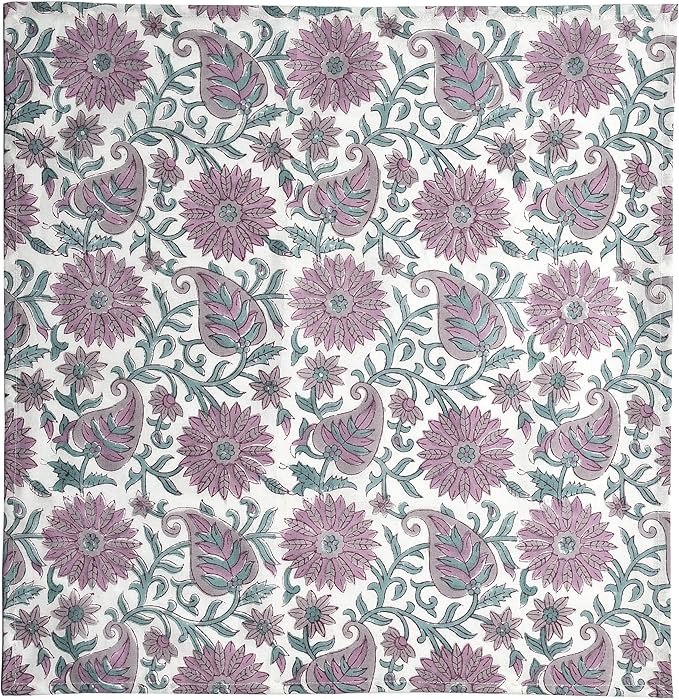 CPC Cloth Napkins 100% Cotton Set of 4 Reusable Napkins, Indian Block Print Toile Floral Dinner Napkin, Fall Thanksgiving Christmas Holiday Party Gift - Soft Absorbent Napkin, 18"x18" Lavendar Flower