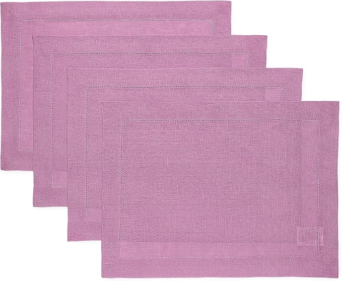 Solino Home Linen Cloth Placemats Set of 4-100% Pure Linen Hemstitch Violet Placemats 14 x 19 Inch - Classic Hemstitch Table Place Mats for Mothers Day, Spring, Summer