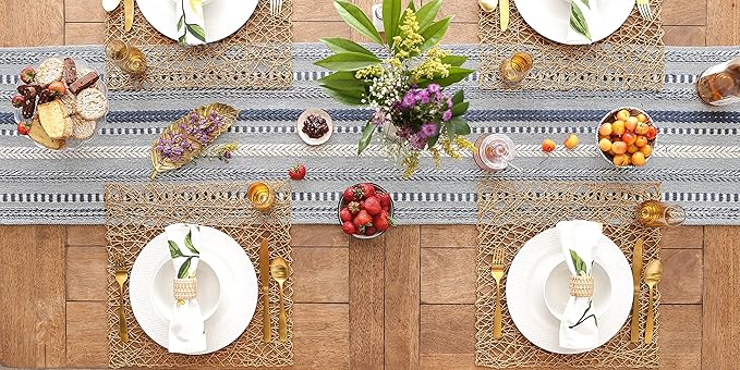 DII Farmhouse Braided Stripe Table Runner Collection, 15x108 (15x113, Fringe Included), French Blue