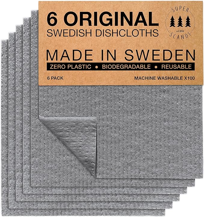 SUPERSCANDI 6 Pack Swedish Dishcloths for Kitchen - 100% Biodegradable & Compostable Reusable Paper Towels Washable, Food-Safe & Without Plastic - Dish Rags Suitable for Any Surface, Grey