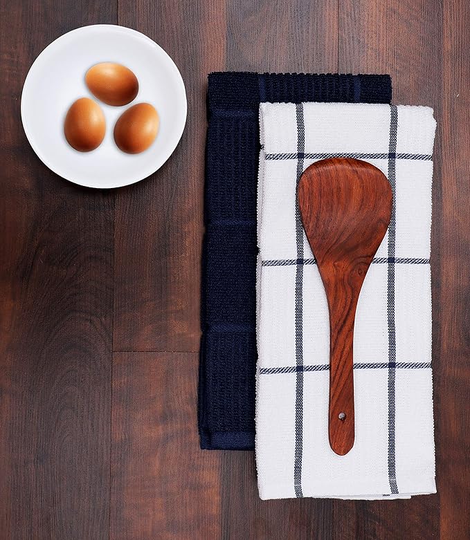 AMOUR INFINI Kitchen Towels Pack of 4, Terry Cotton Dish Towels, Ultra Absorbent, Quick Drying Hand & Tea Towels, Soft Durable Cleaning Cloths with Hanging Loop, 16 x 26 Inch (Navy/Blue)
