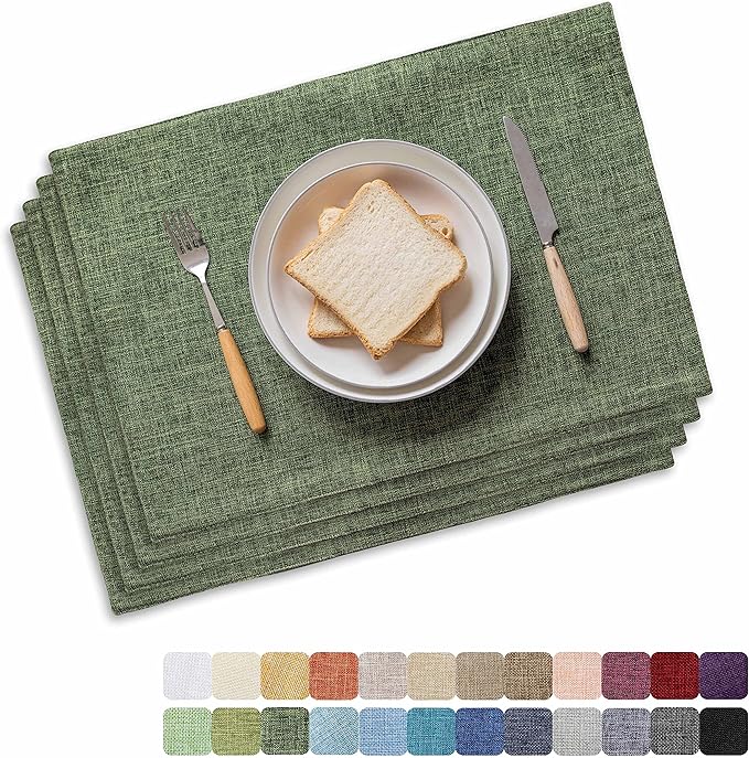 Home Brilliant Linen Cloth Placemats Set of 4 Heat Resistant Dining Table Place Mats Table Mat Kitchen for Wedding Holiday Parties Spring Decor, Green