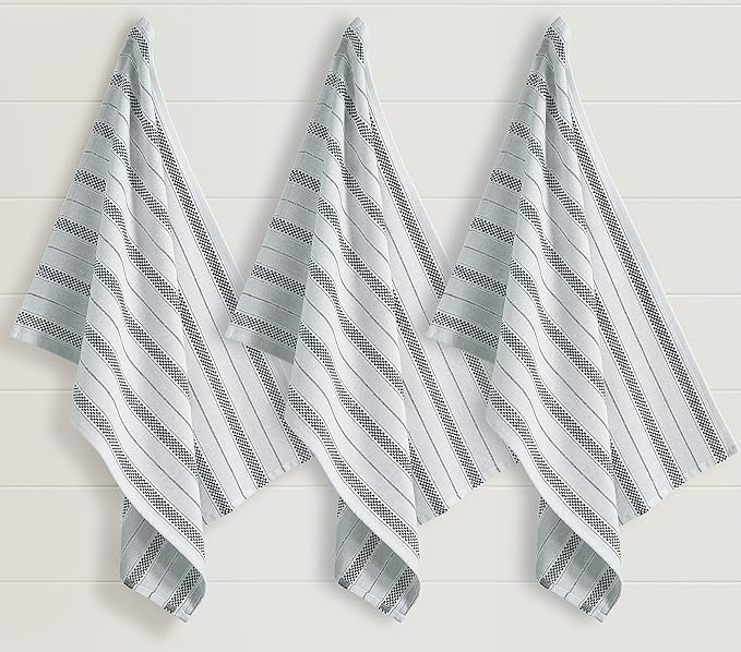 Kitchen Towels Set – Pack of 3 (20’’ x 30’’) Extra Large Premium Cotton Dish Towels for Kitchen – Chain Stripe Towels – Absorbent – 100% Cotton – with Hanging Loop – Black