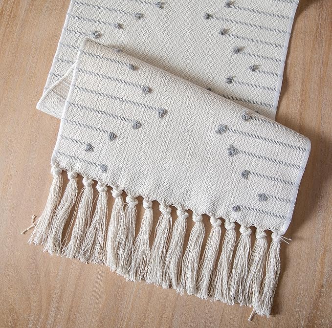 Boho Table Runner 13 x 108 Inch Long Natural Cotton Woven Runner with Tassels for Home Dining Table décor, for Modern Farmhouse Decor Coffee Table Runner, Grey and Beige