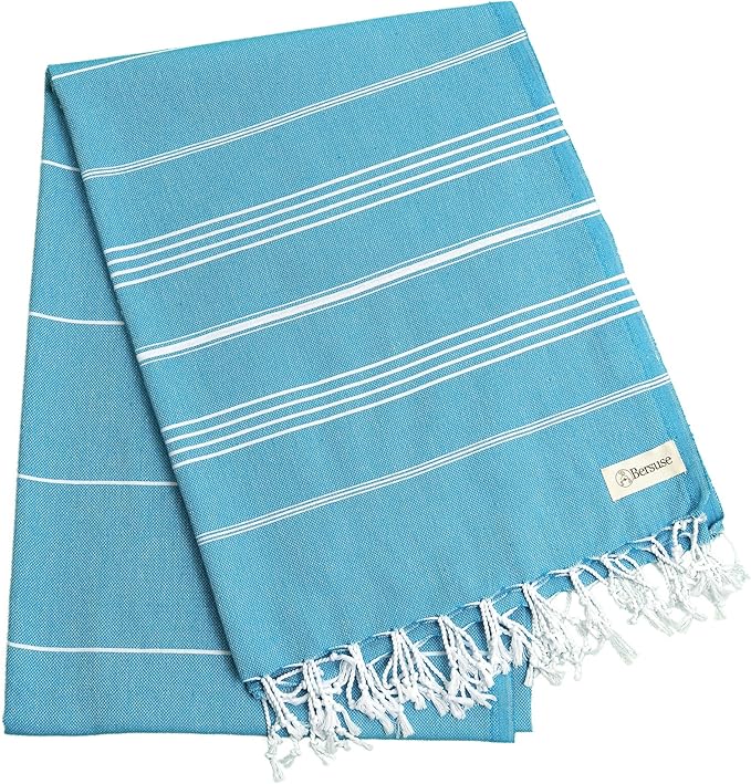 Bersuse Towels Anatolia XL Beach Blanket Throw Blanket Turkish Towel 100% Cotton Extra-Large Quick-Dry Lightweight Premium Peshtemal Towel - 61x82 Inches, Sea Blue (Set of 6)