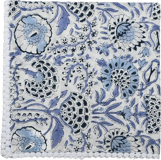 CPC Cloth Napkins 100% Cotton Set of 4 Reusable Napkins, Indian Block Print Toile Floral Dinner Napkin, Fall Thanksgiving Christmas Holiday Party Gift - Soft Absorbent Napkin, 18"x18" Mix Pom Pom