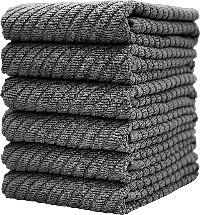 Premium Kitchen Towels (16”x 25”, 6 Pack) | Large Cotton Kitchen Hand Towels | Dish Towels | Diagonal Weave Design | 445 GSM Highly Absorbent Tea Towels Set with Hanging Loop | Grey