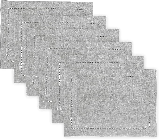 Solino Home Linen Cloth Placemats Set of 6-100% Pure Linen Hemstitch Soft Grey Placemats 14 x 19 Inch - Classic Hemstitch Table Place Mats for Spring, Summer, Mothers Day