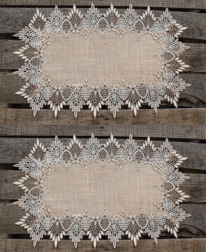 LINENS ART AND THINGS Lace Placemats Neutral Earth Tones Dresser Scarf Coffee Table Runner End Table Doily Brown Beige Set of 2 (13Wx20L)
