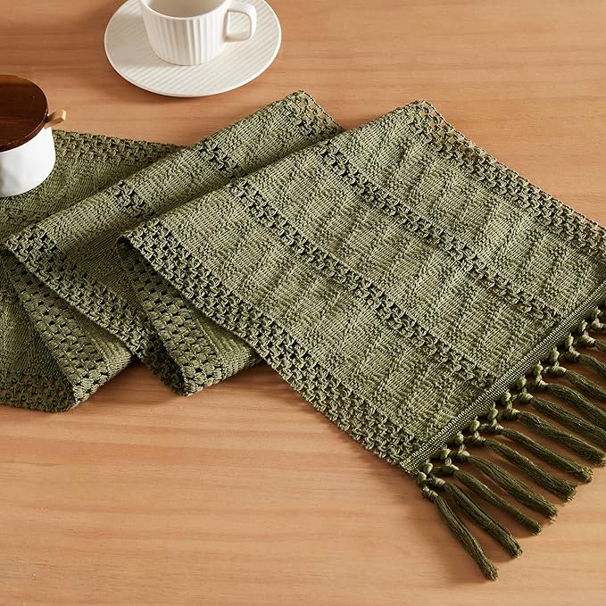ZeeMart Macrame Style Boho Table Runner, Moss Green Table Runners 60 Inches Long, Farmhouse Woven Home Decor, 12x60 Inch, Moss
