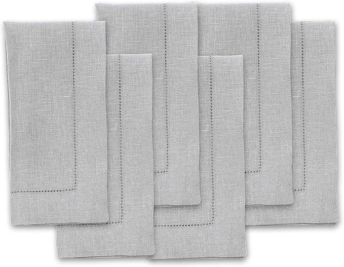 Solino Home Linen Napkins Set of 6 - Classic Hemstitch 100% Pure Linen Soft Grey Dinner Napkins Cloth 20 x 20 Inch for Spring, Summer, Mothers Day - Handcrafted and Machine Washable