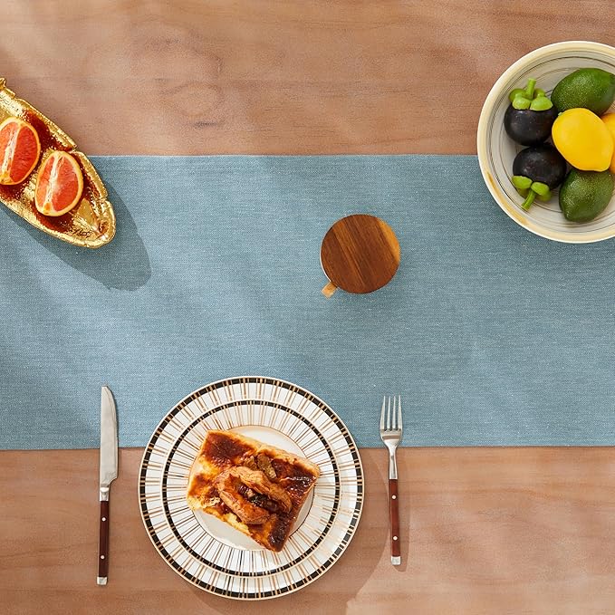 ZeeMart Rustic Cotton Linen Table Runner, 13x36 Inches River Blue, Farmhouse Style Blue Table Runners 36 Inches Long, Washable Kitchen Dining Table Decoration for Home Party Decor