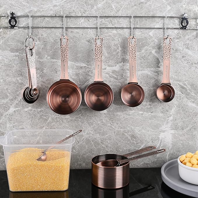 Smithcraft Copper Measuring Cups and Spoons Set, Metric & US Stainless Steel 5 Measuring Cups and 6 Measuring Spoons for Baking & Kitchen