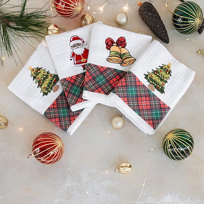 Lavien Home Christmas Kitchen Towels Embroidered, Cotton Dishcloths Decoration for Xmas with Plaid (Set of 4), Waffle Weave Cute Tree, Santa, Bell, Deer, 16 x 23 inches
