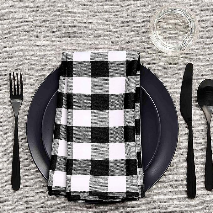 Cloth Napkin 100% Cotton 18Inch x 18Inch Decorative Gingham Buffalo Check Plaid Washable Napkins Table Napkin for Dining, Kitchen, Parties & Camping - Black White (Set of 4)