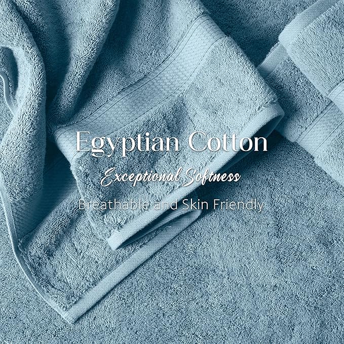SUPERIOR Solid Egyptian Cotton Towel Set, Washcloths 13” x 13”, Hand Towels 20” x 30”, Bath Towels 30” x 55”, Denim Blue, 6-Pieces