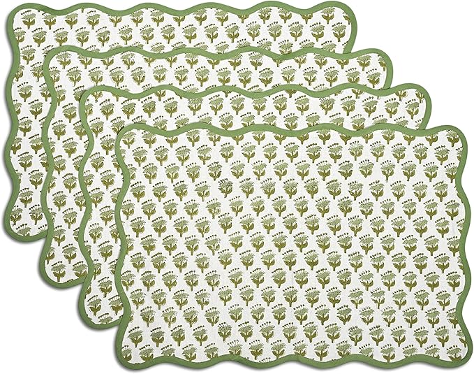 CPC Cotton Placemats Emerald Green Set of 4-Hand Block Printed Reversible Placemats, Flower Scalloped & Embroidered Cloth Table Mats - 14 x 20 inch Gift for Spring, Mother's Day