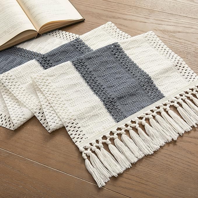 ZeeMart Macrame Style Bicolor Stitching Table Runner, 14 x 60 Inch Charcoal/Ivory, Boho Dark Grey Table Runners 60 Inches Long, Farmhouse Woven Home Decor